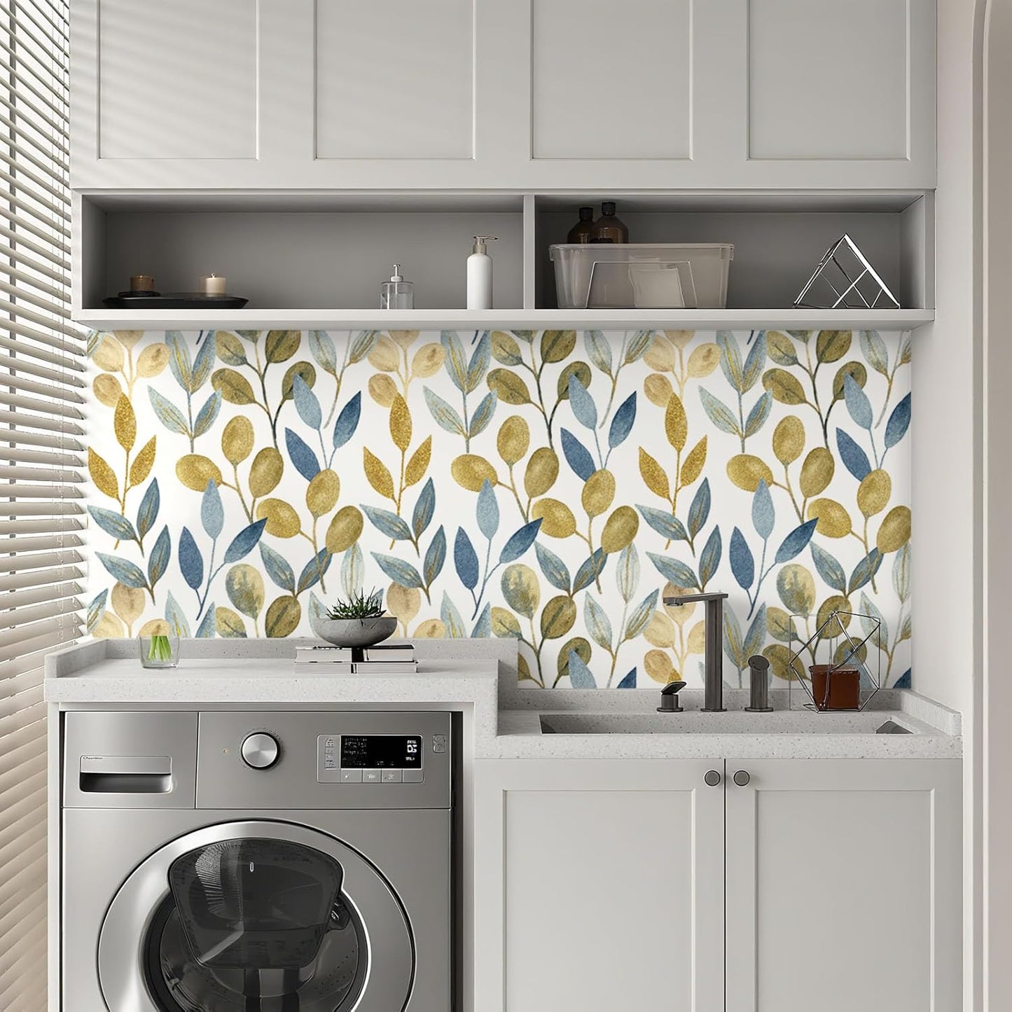 Blue Gold Leaf Peel and Stick Wallpaper Modern Self Adhesive Contact Paper Waterproof Removable Wall Paper for Bathroom Living Room 17.7"x70.8" Luxury Decorative Wallpaper