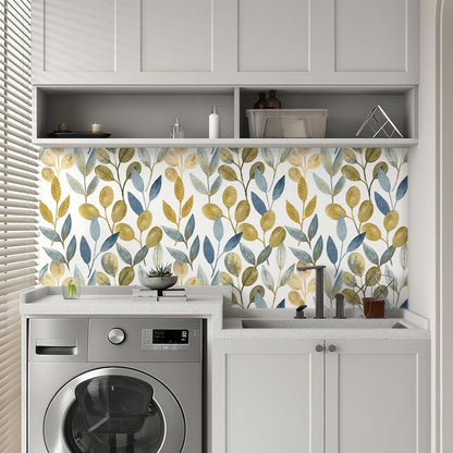 Blue Gold Leaf Peel and Stick Wallpaper Modern Self Adhesive Contact Paper Waterproof Removable Wall Paper for Bathroom Living Room 17.7"x70.8" Luxury Decorative Wallpaper