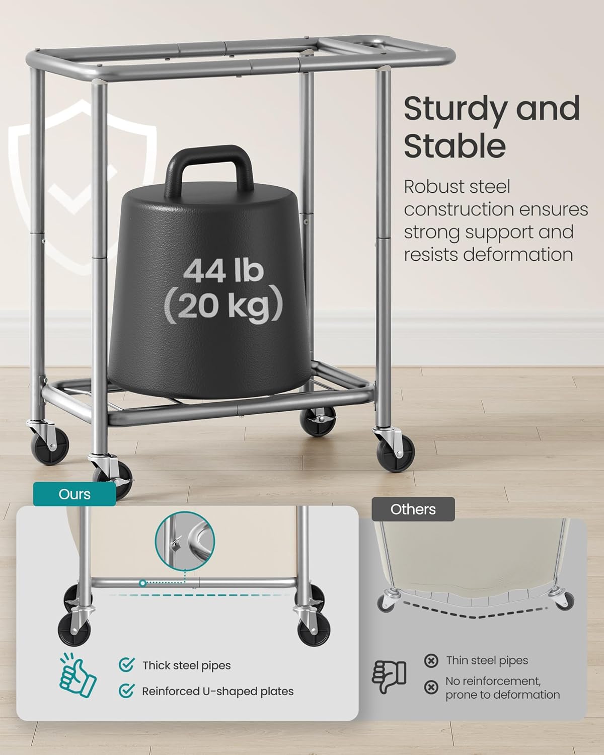 SONGMICS Laundry Basket with Wheels, 3-Section Rolling Laundry Hamper, 52.8 Gallons (200 L), Removable Liner, Steel Frame with Handle, 35.8 x 15.4 x 31.9 Inches, Cream White URLS005W01