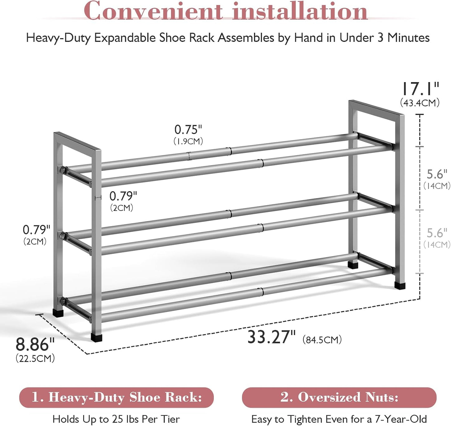 Bumusty 3-Tier Expandable Shoe Rack for Closet, 18“-33” Adjustable Shoe Rack for Small Space, Small Shoe Organizer for Front Door, Sturdy Metal, Black