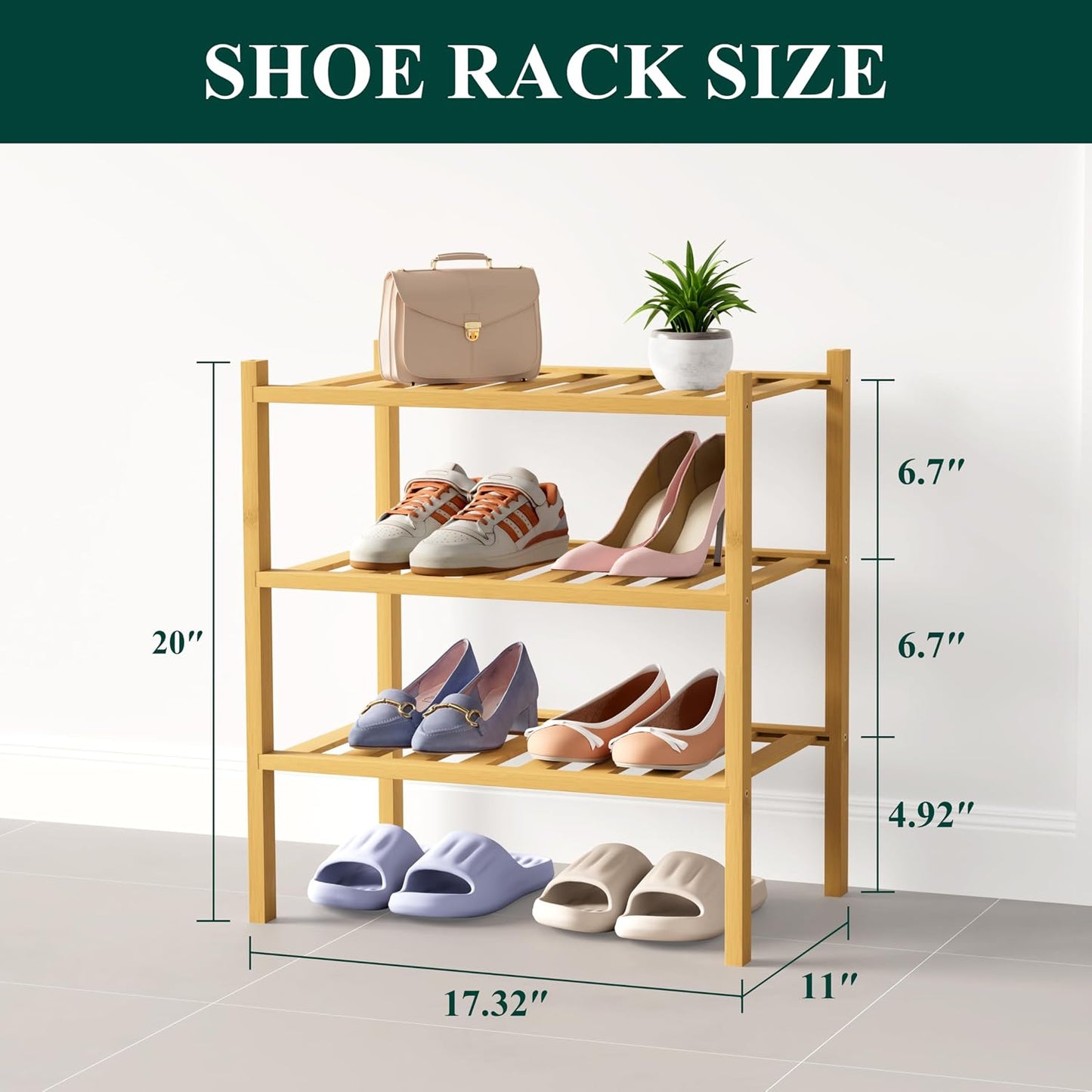 Smiry Bamboo Shoe Rack for Closet, 3 Tier Wooden Shoe Organizer, Stackable Wood Shoe Storage Shelf for Entryway, 14 Vertical Slats, One-piece Heavy-Duty Legs, 26.77"x11.02"x18.31", Natural