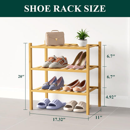 Smiry Bamboo Shoe Rack for Closet, 3 Tier Wooden Shoe Organizer, Stackable Wood Shoe Storage Shelf for Entryway, 14 Vertical Slats, One-piece Heavy-Duty Legs, 26.77"x11.02"x18.31", Natural