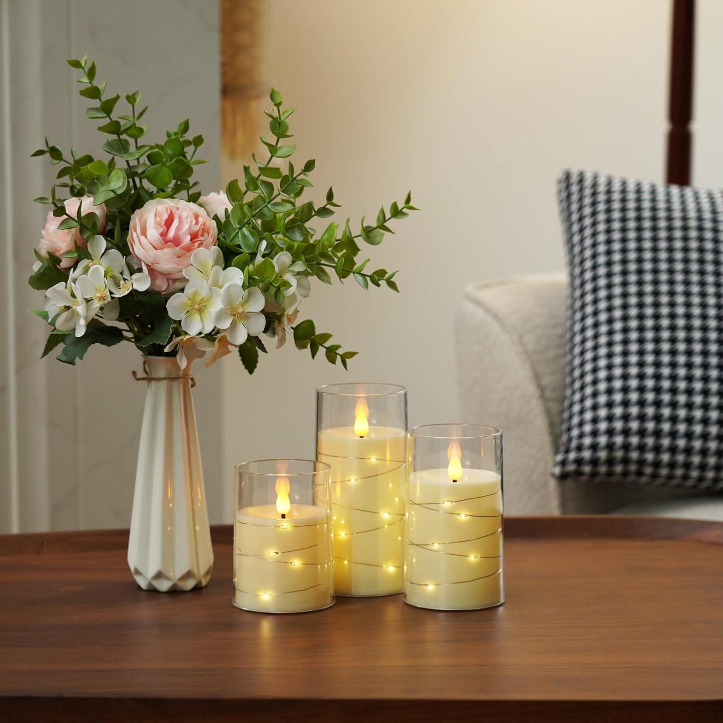 Amagic Red Flameless Candles 3 Set, Flickering Battery Operated Candles Embedded Fairy String Light, Realistic Pillar Candle with Remote Control and Timer, Acrylic, D3 x H4 5" 6"