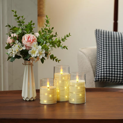 Amagic Red Flameless Candles 3 Set, Flickering Battery Operated Candles Embedded Fairy String Light, Realistic Pillar Candle with Remote Control and Timer, Acrylic, D3 x H4 5" 6"