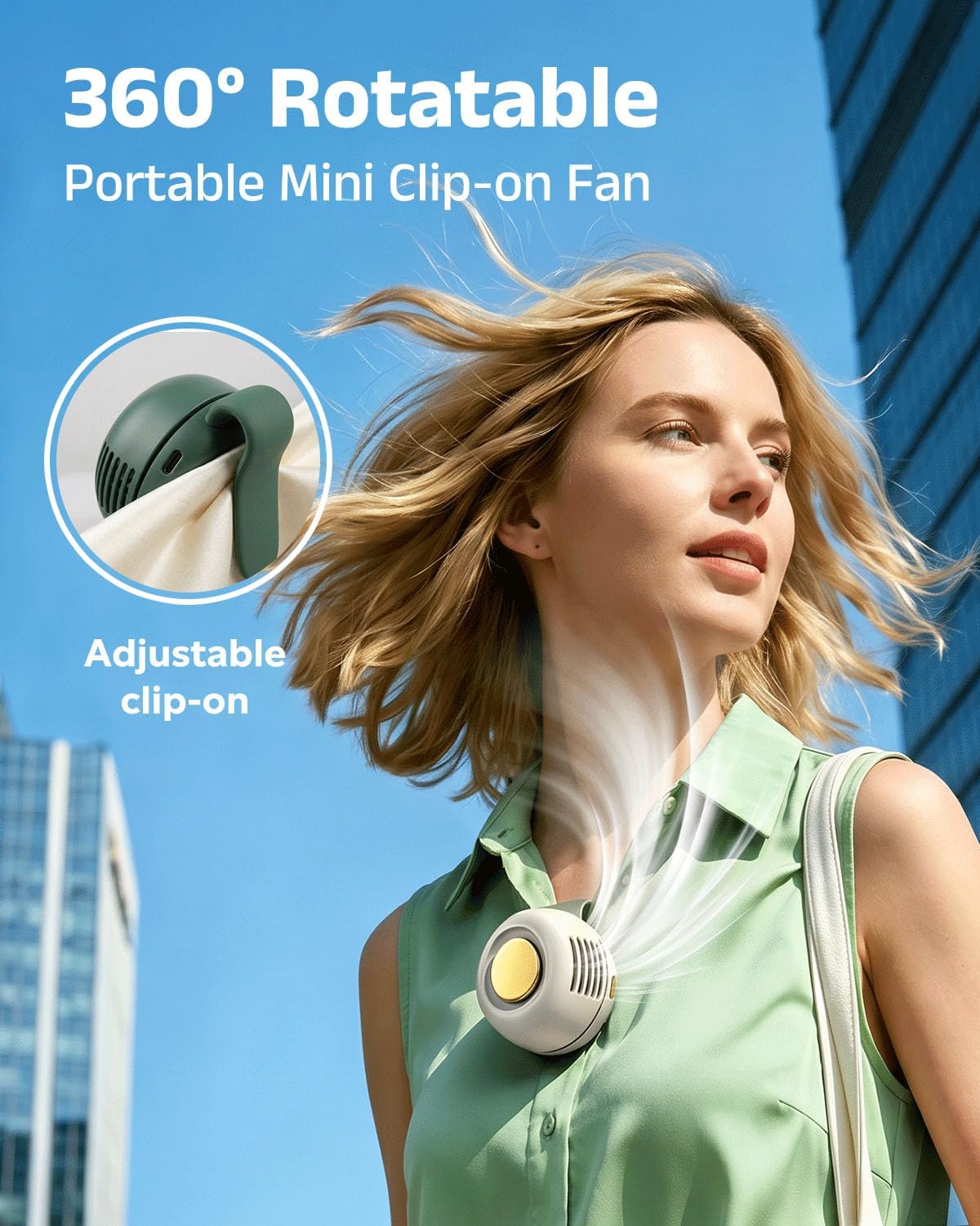 Portable Silent Mini Bladeless Electric Fan, 360° Rotatable Portable Mini Clip On Fan for Shirt Waist Rechargeable Whirlwind Clip Fan, 3-Speed Personal Fan Clip On for Outdoor, Travel, Home (Green)