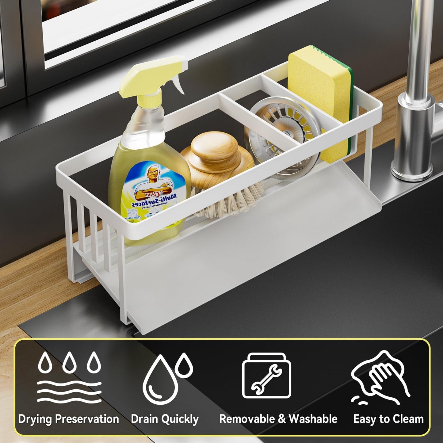 Kitchen Sink Caddy Organzier with Sponge Holder and Removable Drip Tray for Kitchen Sink, 304 Stainless Steel Organize for Sponge Soap Dish Brush Storage Accessories(Black)