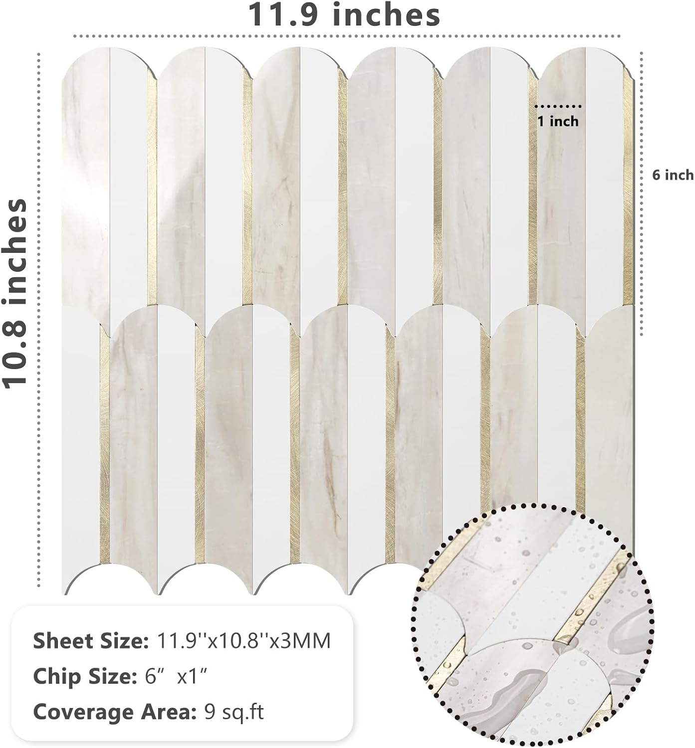 Vamos Peel and Stick Backsplash Seamless Tile for Kitchen and Bathroom,White and Beige Slate PVC Mixed Light Gold Self Adhesive Fish Scale Metal Mosaic Tiles (10 Sheets)