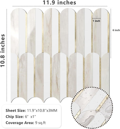 Vamos Peel and Stick Backsplash Seamless Tile for Kitchen and Bathroom,White and Beige Slate PVC Mixed Light Gold Self Adhesive Fish Scale Metal Mosaic Tiles (10 Sheets)