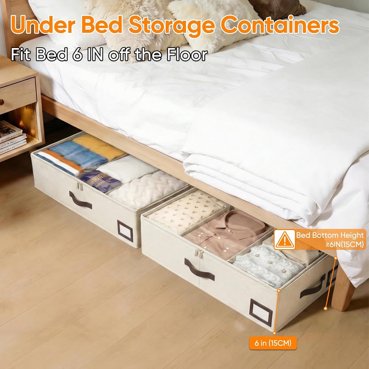 OIAHOMY 2 Pack 53L Under Bed Storage with Adjustable Dividers, 6" Low Profile Underbed Storage Bins for Comforters & Clothes, Save Closet Space with Clear View Lid & Reinforced Handles, Grey