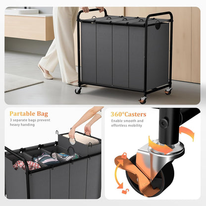 180L (47.55 Gal) Laundry Sorter 3 Section, Rolling Laundry Basket with Lockable Wheels and Lid, Laundry Hamper with 3 Separated Removable Bags Dirty Clothes Hamper for Laundry Room Organizer, Black