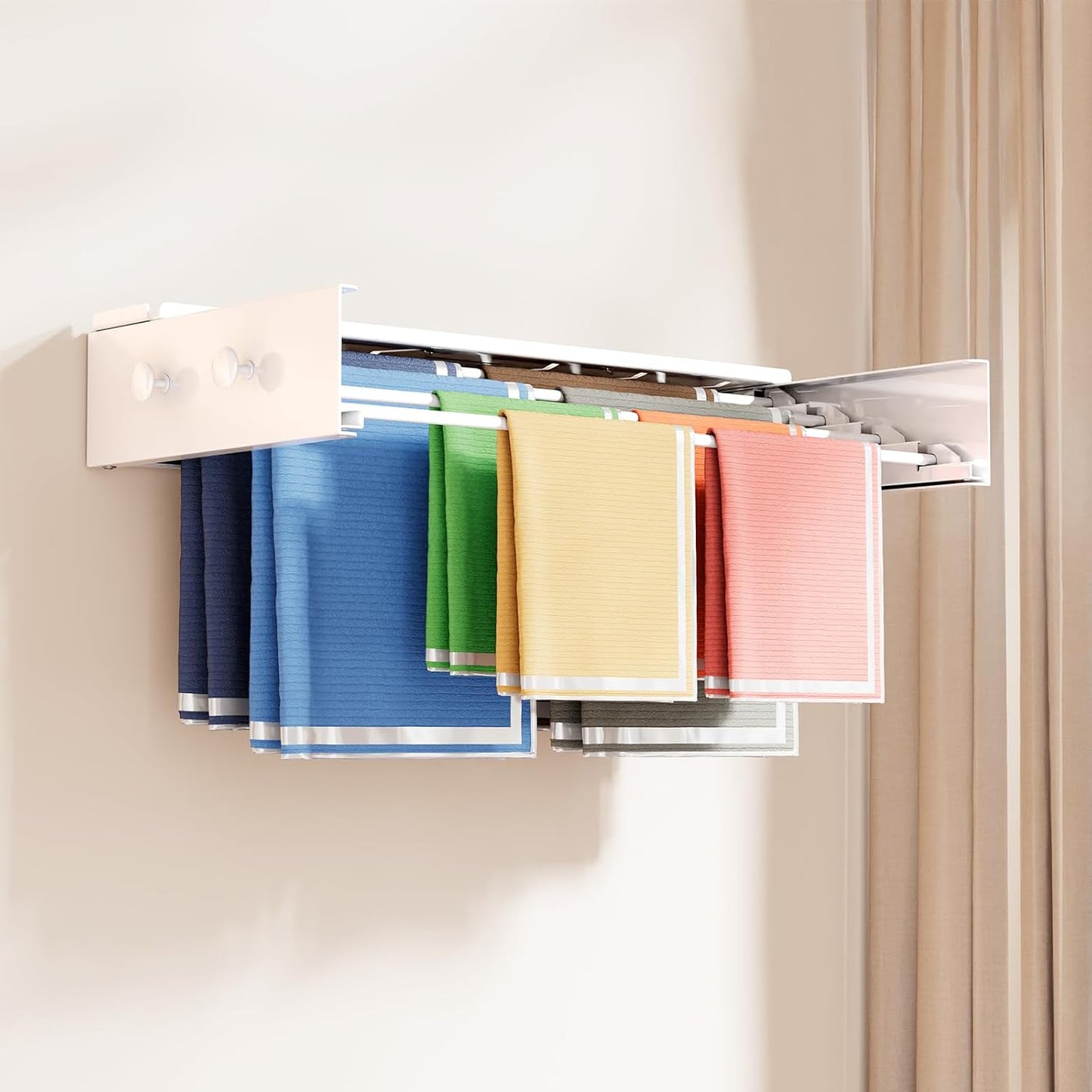 Wall Mounted Drying Rack 23.6'', Foldable Laundry Drying Rack Wall Mount with 4 Towel Hooks and 4 Rods, Space Saving Drying Rack Clothing for Indoor Outdoor Bathroom Balcony (White, 23.6'')
