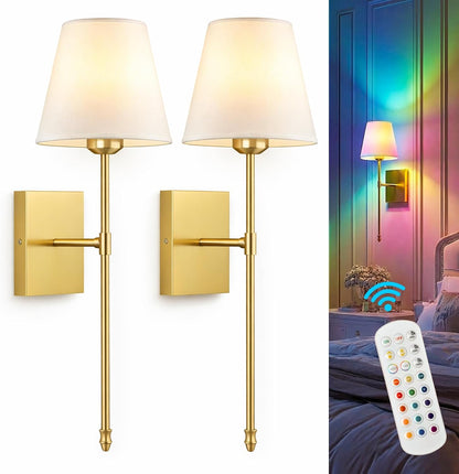 Rechargeable Battery Operated Wall Sconces Set of 2, Black Wireless Fabric Shade Wall Sconce with Remote Control, Dimmable RGB Color Changing Wall Lamp for Bedroom Living Room Hallway, 20.47" Tall