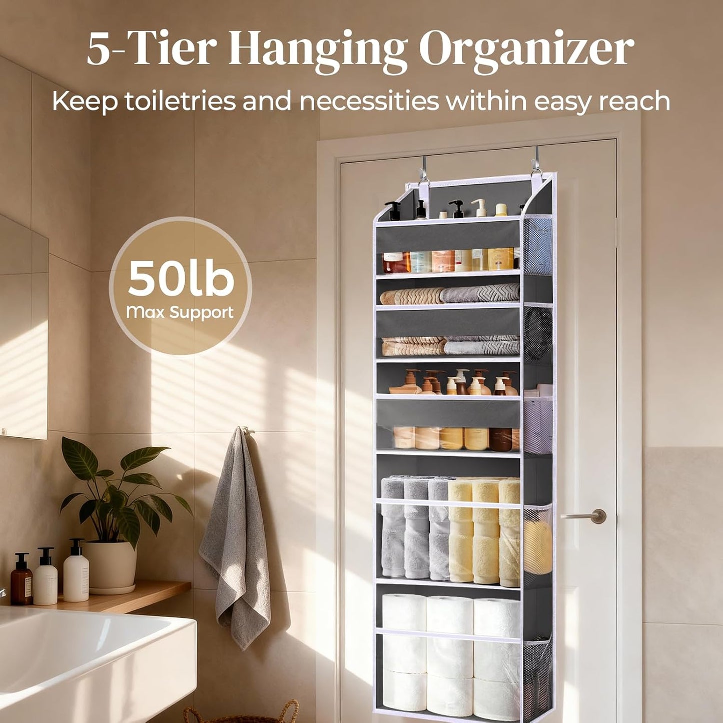 5 Tiers Over the Door Organizer with 10 Mesh Side Pockets, 44 lbs Weight Capacity Closet Hanging Storage Organizer with Large Clear Window Kids Toys, Shoes, Diapers, Beige