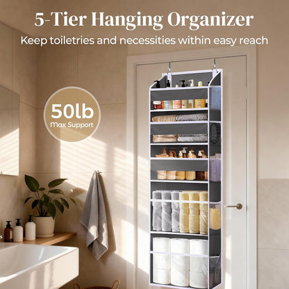 5 Tiers Over the Door Organizer with 10 Mesh Side Pockets, 44 lbs Weight Capacity Closet Hanging Storage Organizer with Large Clear Window Kids Toys, Shoes, Diapers, Beige