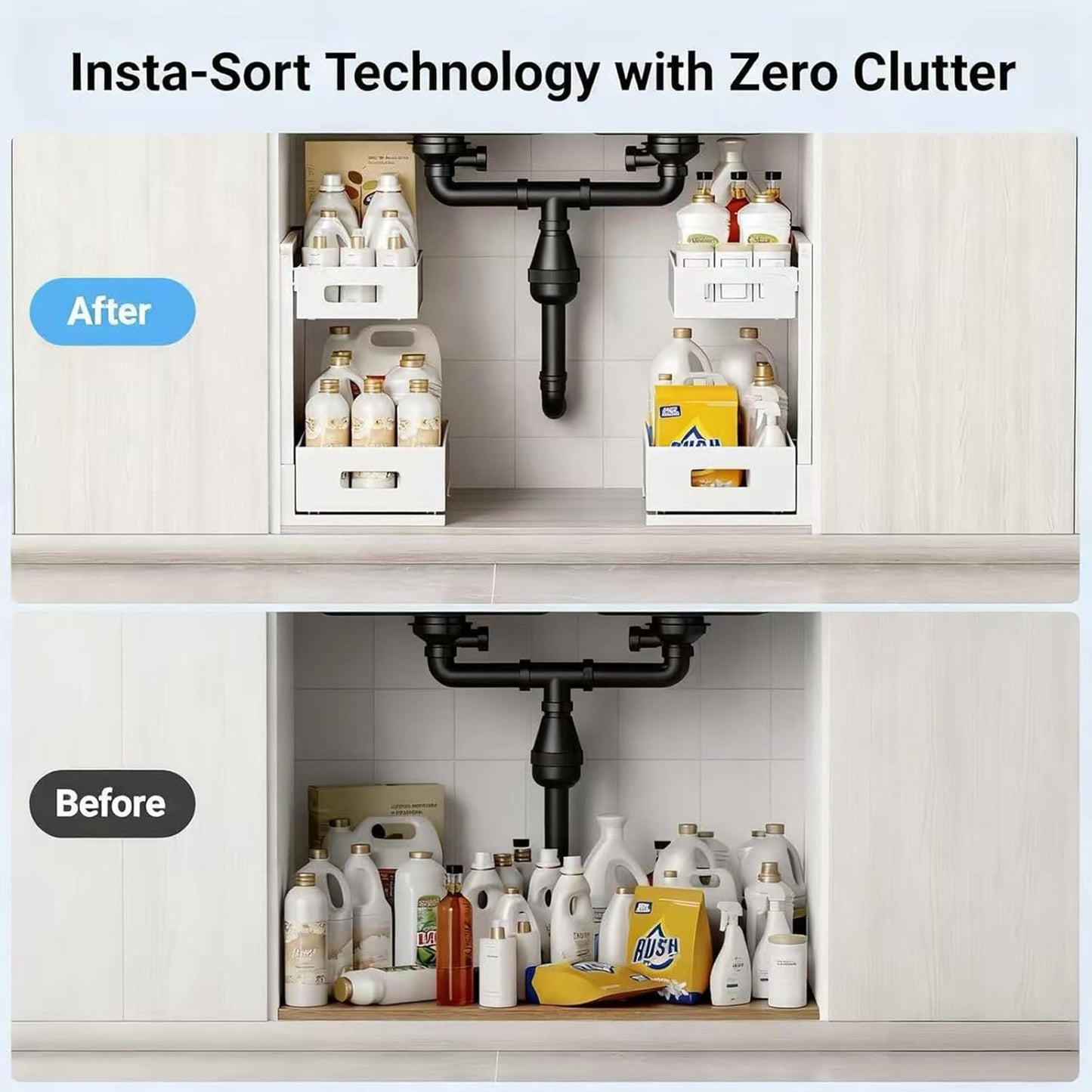 Under Sink Organizer, 2 Tier Pull-Out Cabinet Storage Shelf, Rust-Resistant Metal Organizer for Kitchen Bathroom Laundry Room, No Tools Installation, 1 Pack Black