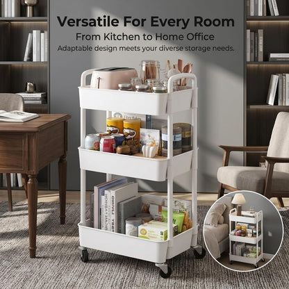 3-Tier Rolling Storage Cart with Wheels - Slim Mobile Utility Cart Organizer Rack, Space-Saving Multi-Functional Rolling Shelf for Kitchen, Bathroom, Laundry Room, Office, White
