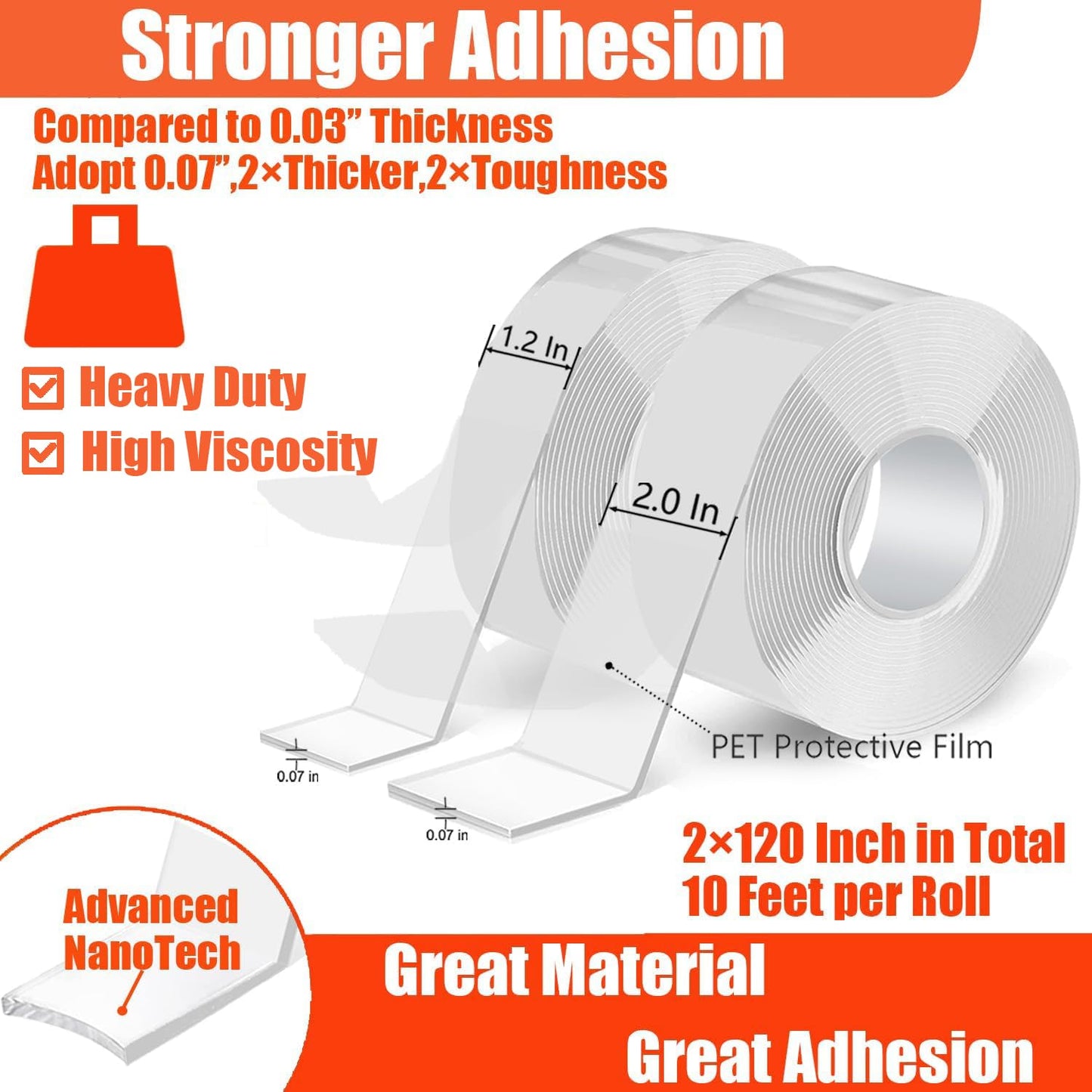 Double Sided Heavy Duty Extra Strong Adhesive Tape - 1.2 Inch x 10 feet - Removable Nano Tape for Poster Carpet Picture Hanging Strip Rug Wall Outdoor - Adhesive Multipurpose Clear Mounting Tape