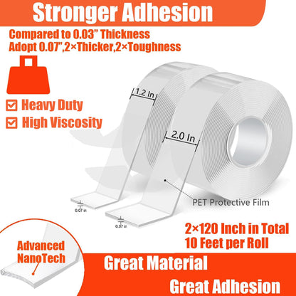 Double Sided Heavy Duty Extra Strong Adhesive Tape - 1.2 Inch x 10 feet - Removable Nano Tape for Poster Carpet Picture Hanging Strip Rug Wall Outdoor - Adhesive Multipurpose Clear Mounting Tape
