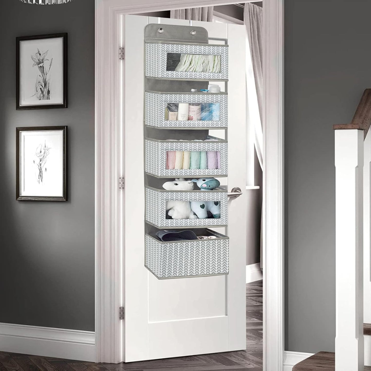 Over The Door Hanging Organizer Storage with 5 Large Pockets,Wall Mount Clear Windows and 2 Widened Metal Hooks for Pantry,Nursery,Diapers,Bathroom,Kitchen,Closet,Dorm