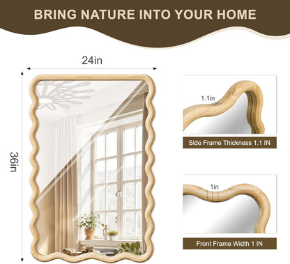 Full Length Mirror, 55"x28" Boho Wavy Wood Floor Mirror, for Bathroom, Bedroom, Living Room, Cloakroom, Entryway