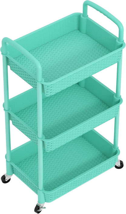 MOYIPIN 3-Tier Plastic Rolling Utility Cart with Handle,Utility Storage Cart for Office, Living Room, Kitchen,Movable Storage Organizer Shelves,White