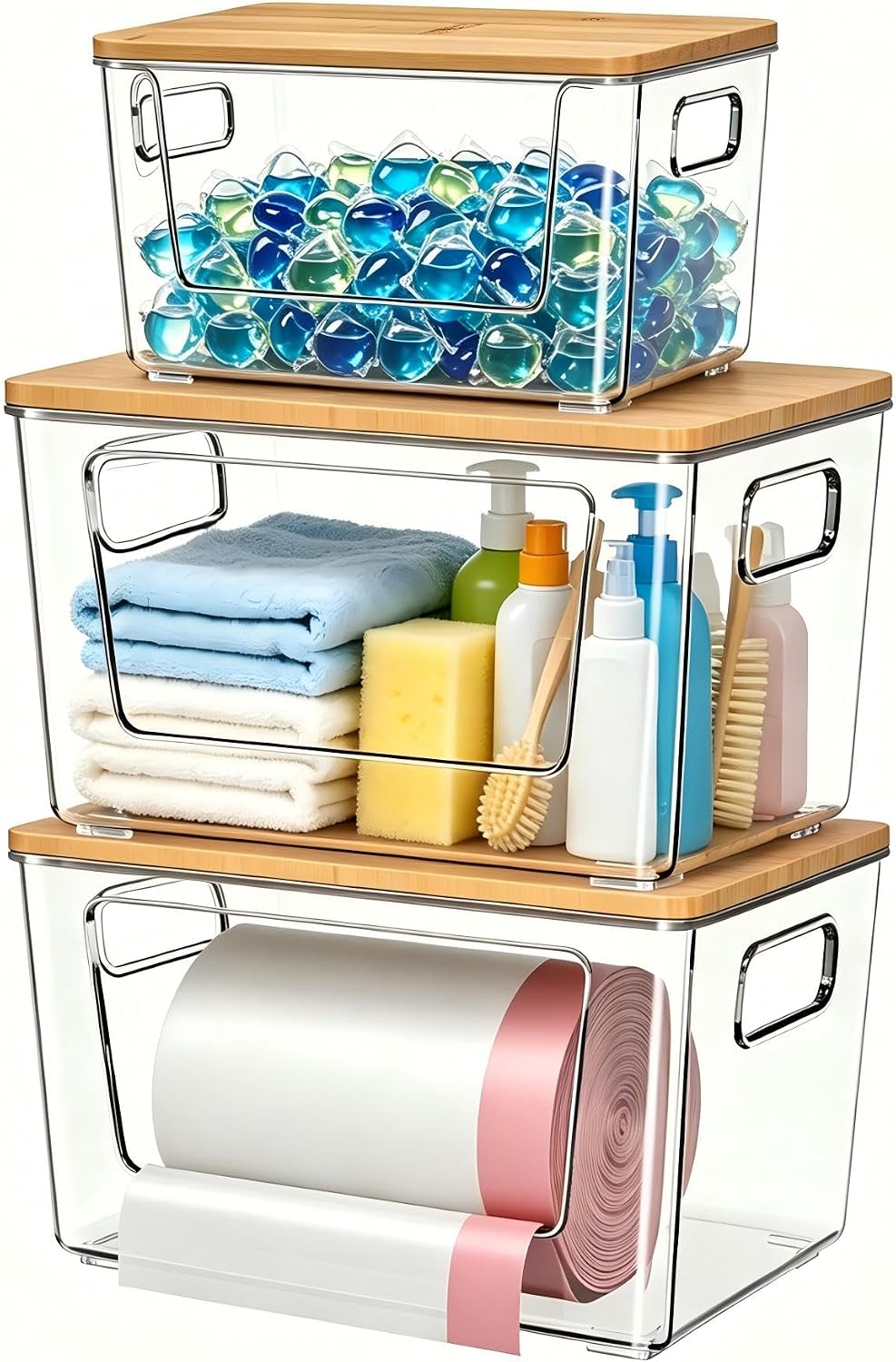 spospo 2 Pack Trash Bag Holder with Bamboo Lid, Stackable Trashbag Dispenser, Extra Large Garbage Bag Holder for Kitchen Laundry Room Under Sink Organization and Storage