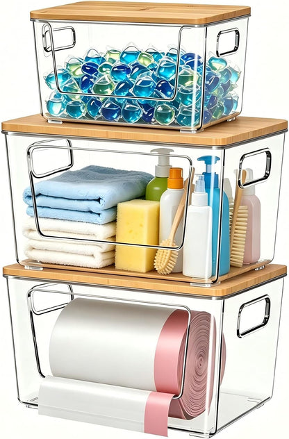 spospo 2 Pack Trash Bag Holder with Bamboo Lid, Stackable Trashbag Dispenser, Extra Large Garbage Bag Holder for Kitchen Laundry Room Under Sink Organization and Storage