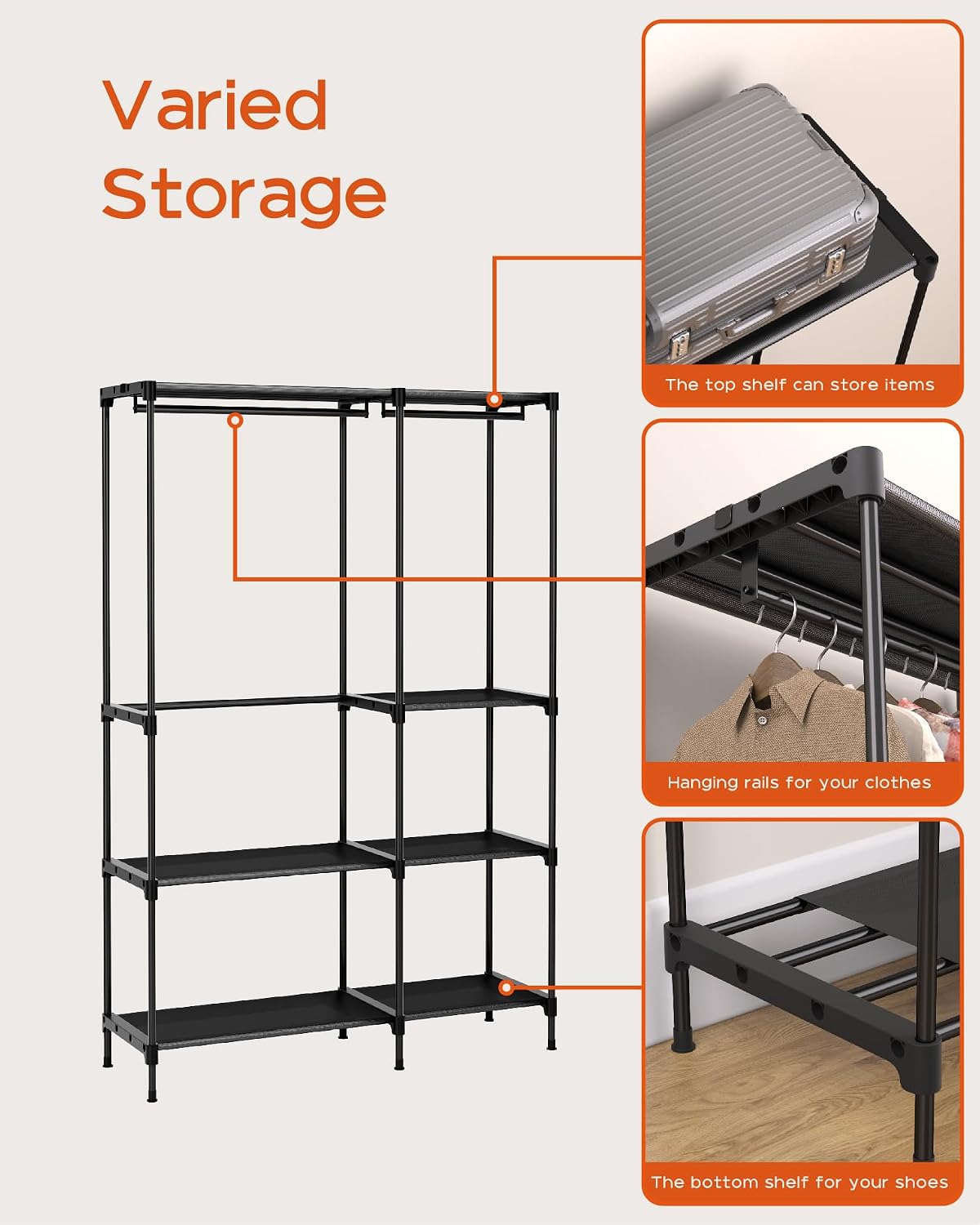 CASAMAYA Clothes Rack, Portable Closet, 80.7 Inch Extra Large Capacity Wardrobe Closet, Clothes Storage Organizer with Shelves and 5 Hanging Rods, Easy to Assembly, Black PCT036B01