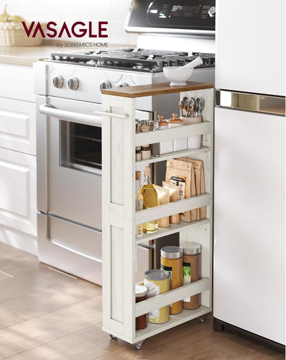 VASAGLE 4-Tier Slide-Out Storage Cart, Slim Kitchen Cart for Small Spaces, with Wheels, Handle, Bathroom, Laundry Room, 5.9 x 17 x 34.1 Inches, Rustic White and Honey Brown ULRC050K01