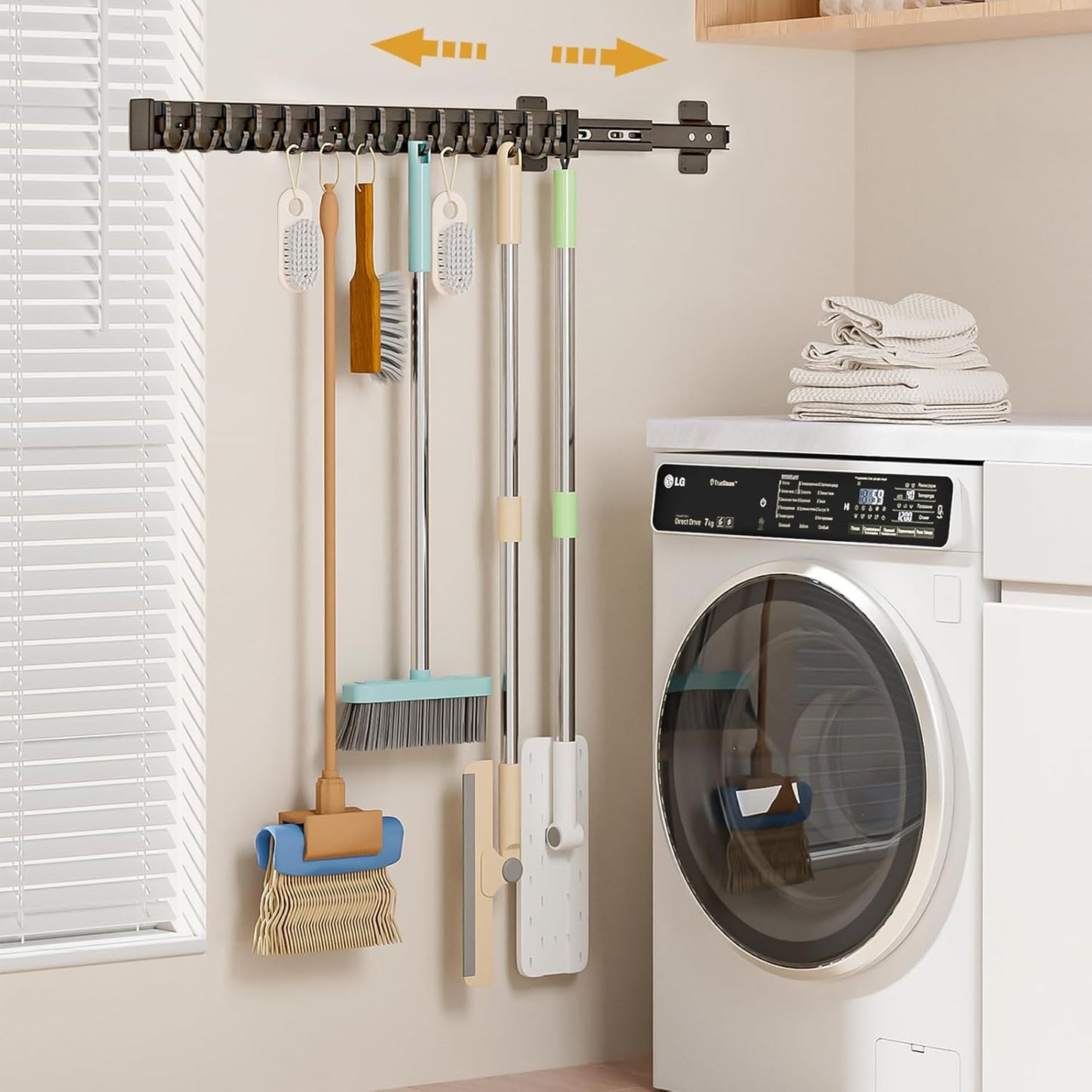 Pull Out Broom Holder With 9 Adjustable Sliding Hook, Multifunctional Slide Broom And Mop Storage/Organizer Garage Organization Hooks, for Closet Laundry - Dark grey- 41cm/16.14inch