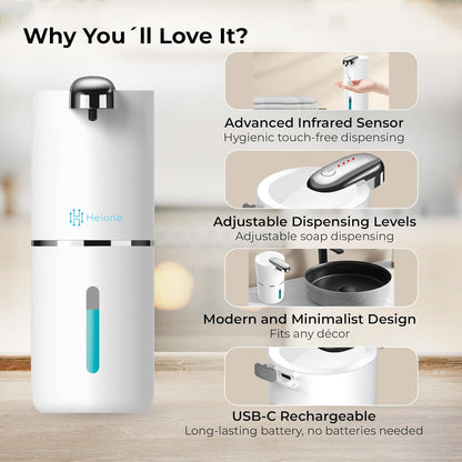 Automatic Touchless Foam Soap Dispenser - USB-C Rechargeable Foaming Soap Pump, IPX5 Waterproof for Bathroom & Kitchen, 12.8oz, Wall Mount or Countertop (Black)