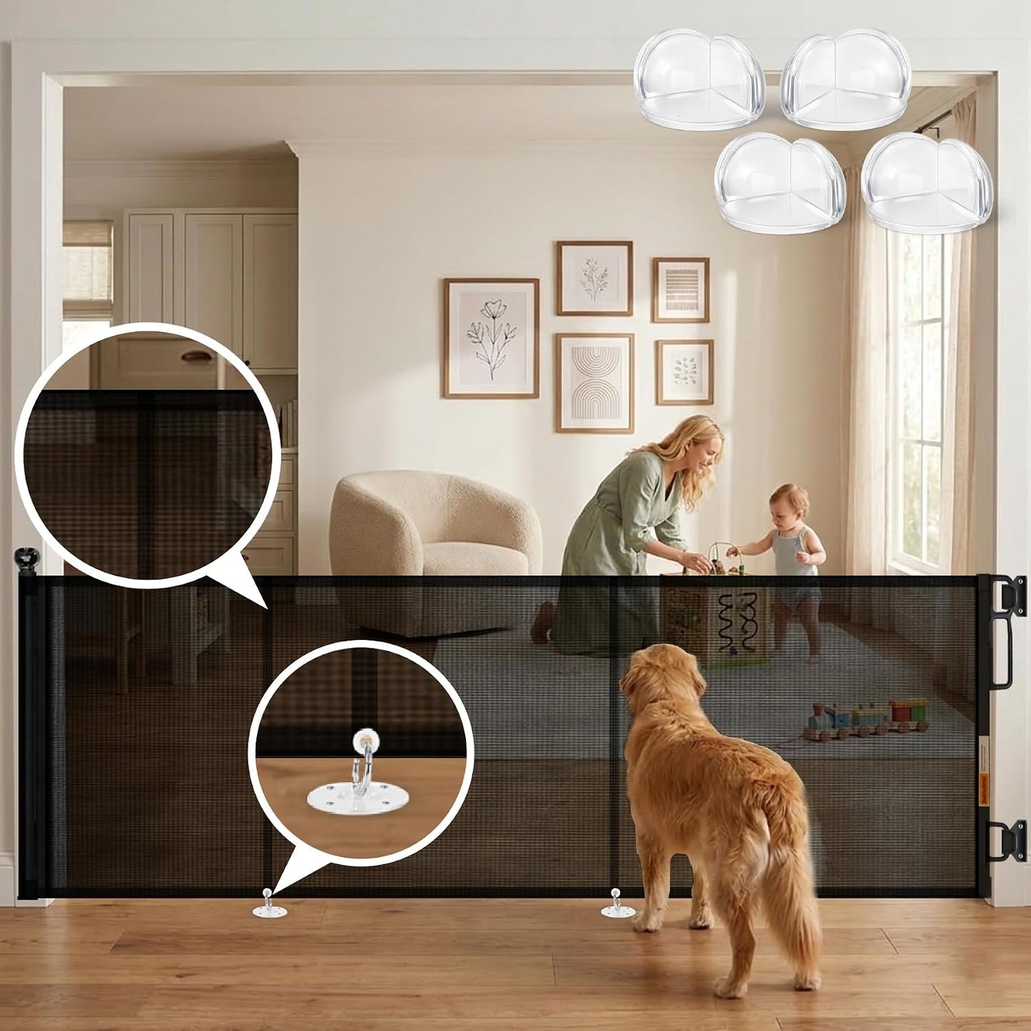 Retractable Baby Gate - 72" Wide Mesh Dog Gate with Support Rods - 34" Tall for Stairs, Doorways, Hallways - Drill or No-Drill - Pet & Cat Gate - Outdoor/Indoor (White, 5.91 Feet)