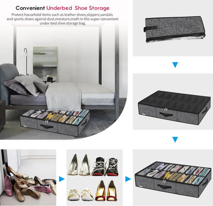 Onlyeasy Sturdy Under Bed Shoe Storage Organizer, Set of 2, Fit 12 to 24 Pairs, Underbed Shoes Closet Storage Solution with Clear Window, Breathable, L29.3 x W23.6 x H5.9, Linen-like Black, MXAUBSB2P