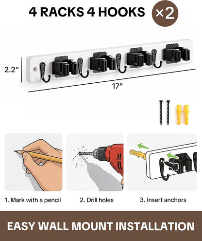Lorbro 2 Pack Broom Holder Wall Mount, Wooden Broom and Mop Organizer Wall Hanging, Mop Hanger Rack with 4 Slots & 4 Hooks, Tool Organizer for Laundry Room, Closet, Garage, Kitchen