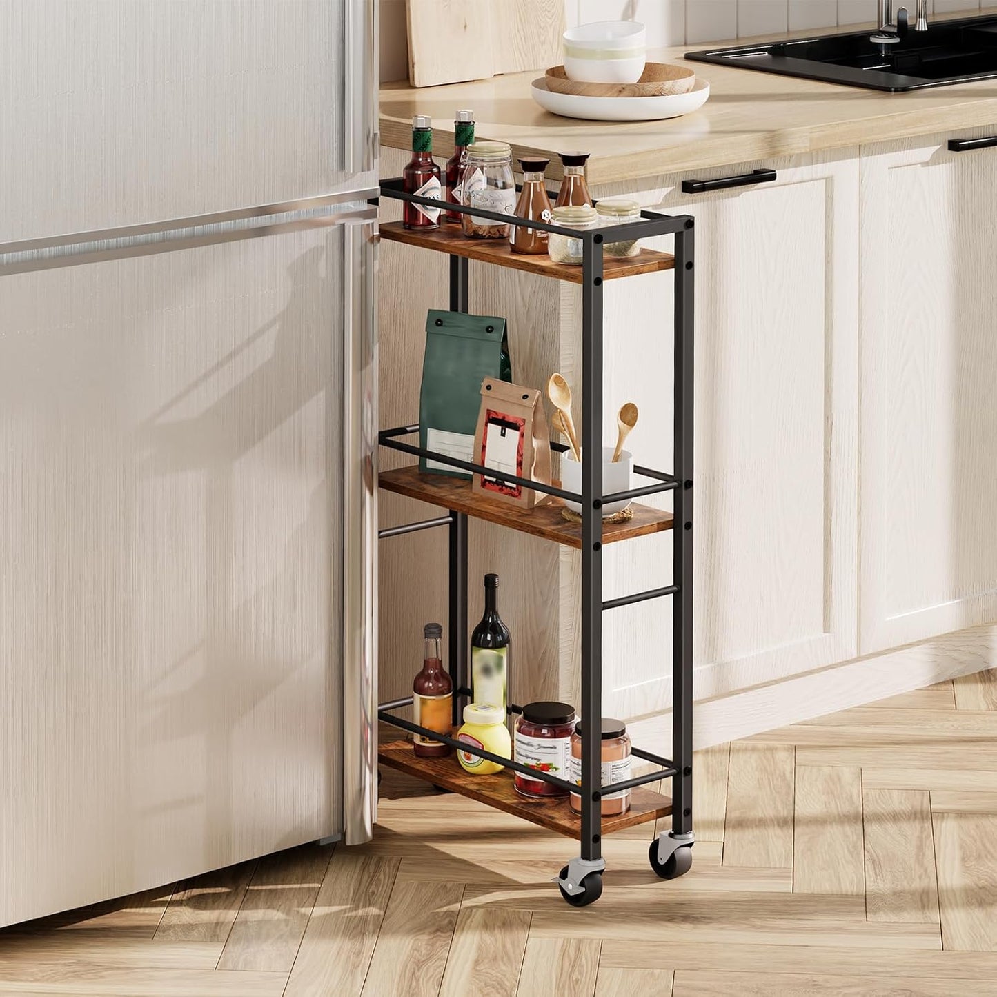 MAHANCRIS Slim Rolling Cart, Mobile Kitchen Cart on Wheels, Narrow Storage Cart for Small Space, Small Bar Cart, for Bathroom, Laundry, Living Room, Black RCHB1501