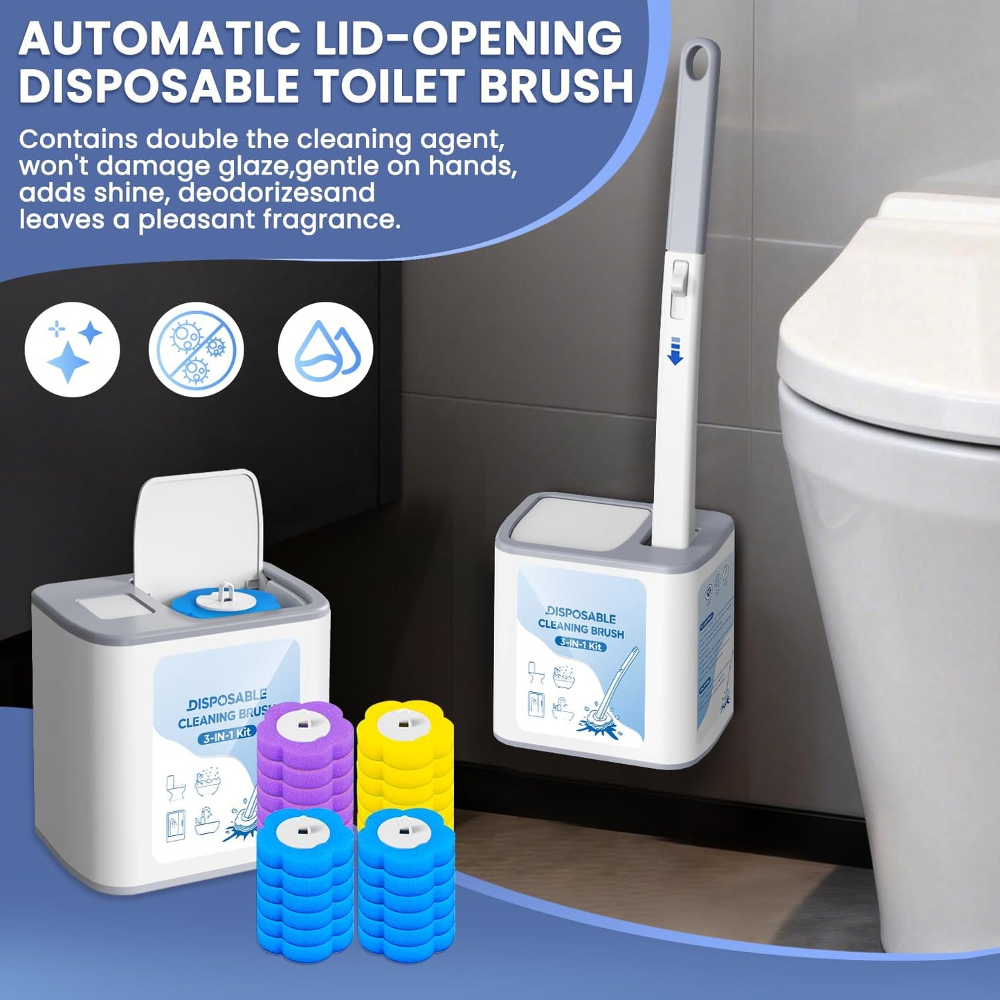 Toilet Brush and Holder - No Touch Wall Mount Disposable Bowl Cleaners Set,Snap-On Quick Cleanup Hygienic Wand,for Small Condos,Compact Bachelor Apartments and Quick Daily Cleanups