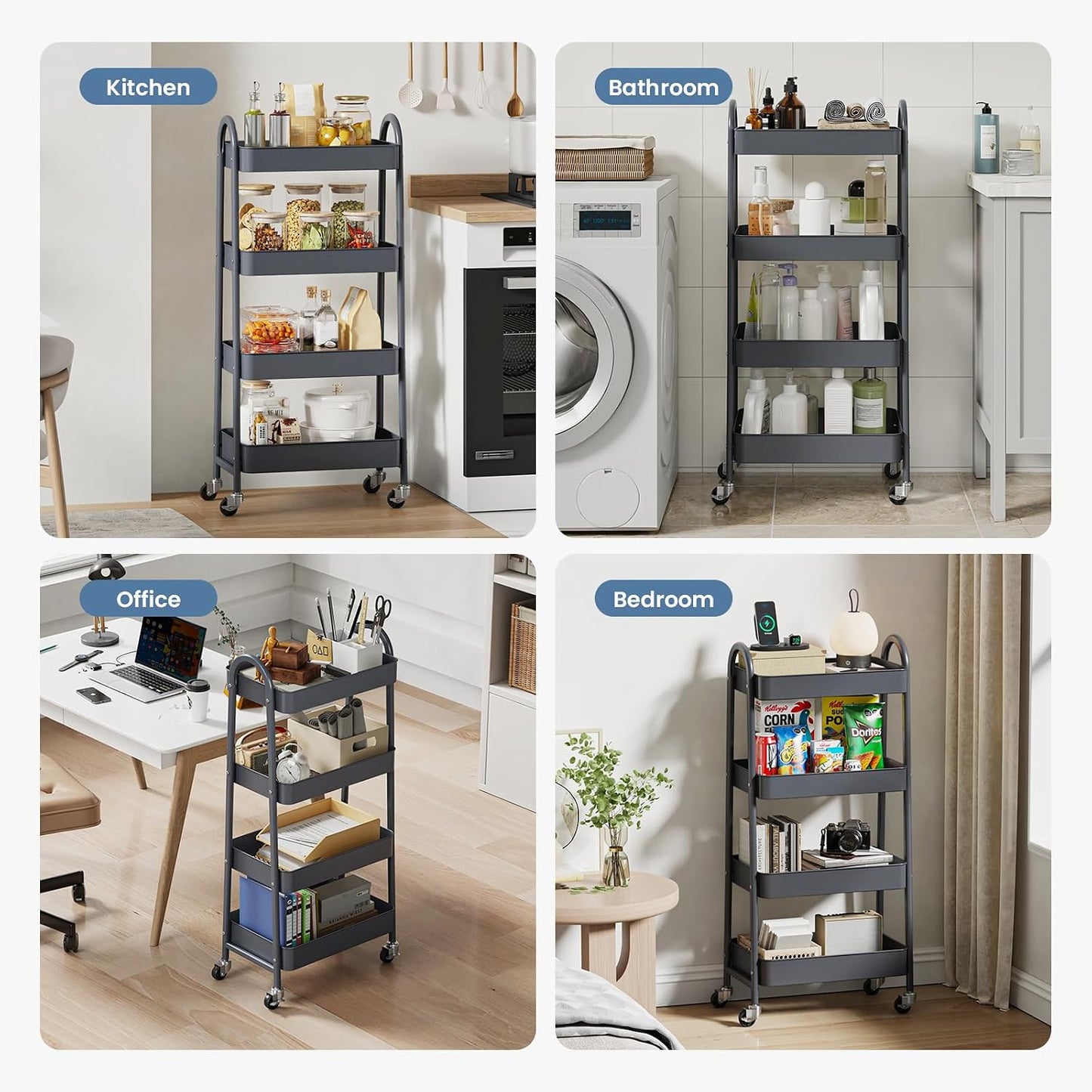 DUMOS 3 Tiers Rolling Cart, Utility Cart, Metal, White | Mobile Storage, Lockable Wheels, Utility Shelving Unit, Kitchen, Bathroom, Laundry, Narrow Places