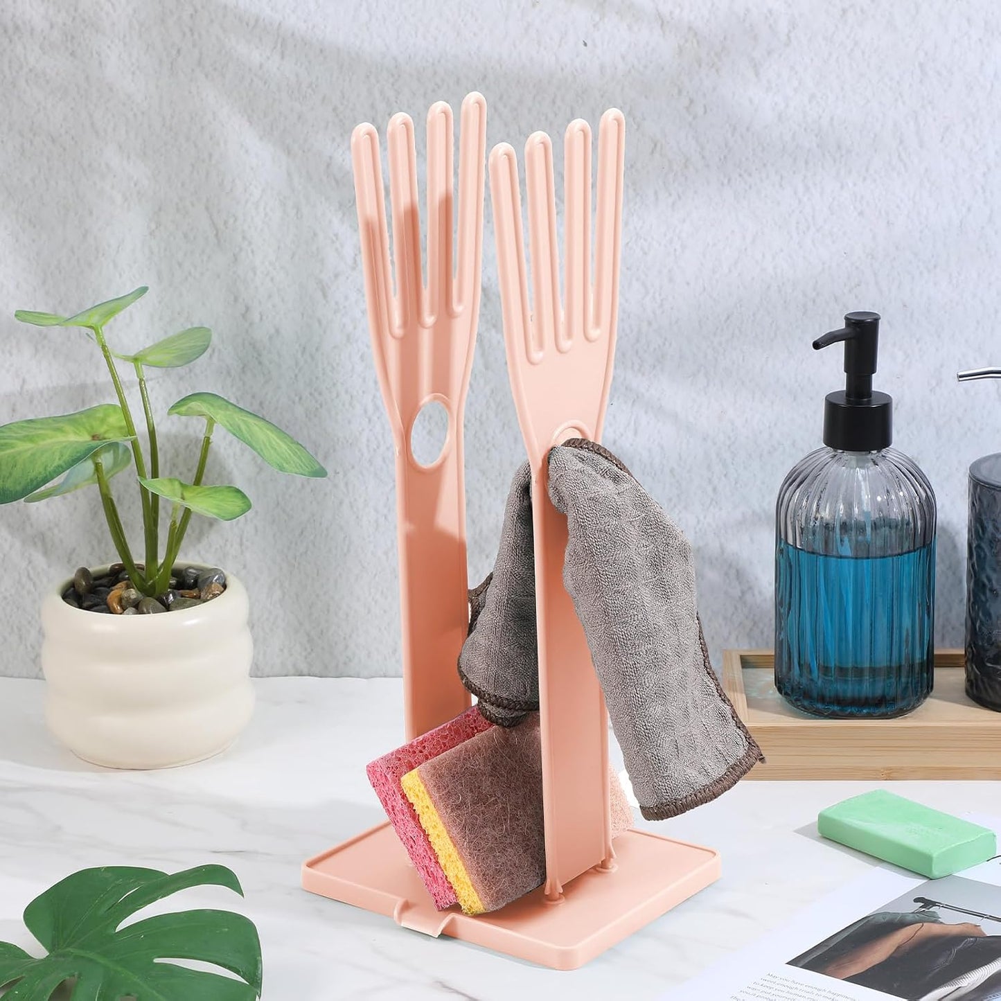 JJUNW 1 Pc Kitchen Gloves Holder, Dish Glove Holder Reusable Plastic Glove Drying Rack, Vertical Pink Rubber Glover Drying Dryer Rack for Dish Gloves Rags Sponge Kitchen Organizer