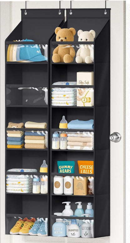 AOODA 2 Pack Over the Door Organizer, Large Capacity Closet Door Hanging Organizer, Clear Deep Pockets Baby Organizer Storage for Nursery, Bathroom, Bedroom, Pantry, Diapers (Grey)