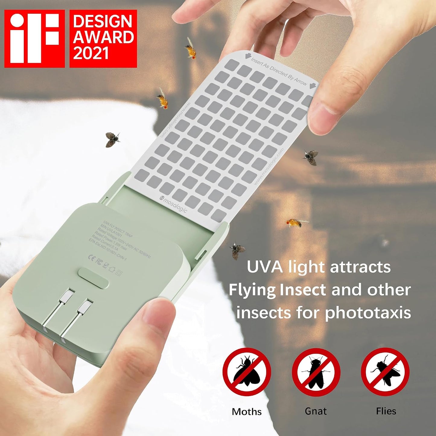 Mosalogic Fruit Fly Traps for House Use Gnat Trap Flying Insect Trapper Plug-in Mosquito Killer Indoor Gnat Moth Catcher Fly Tapper with Night Light UV Attractant Catcher for Home Office White-1PACK