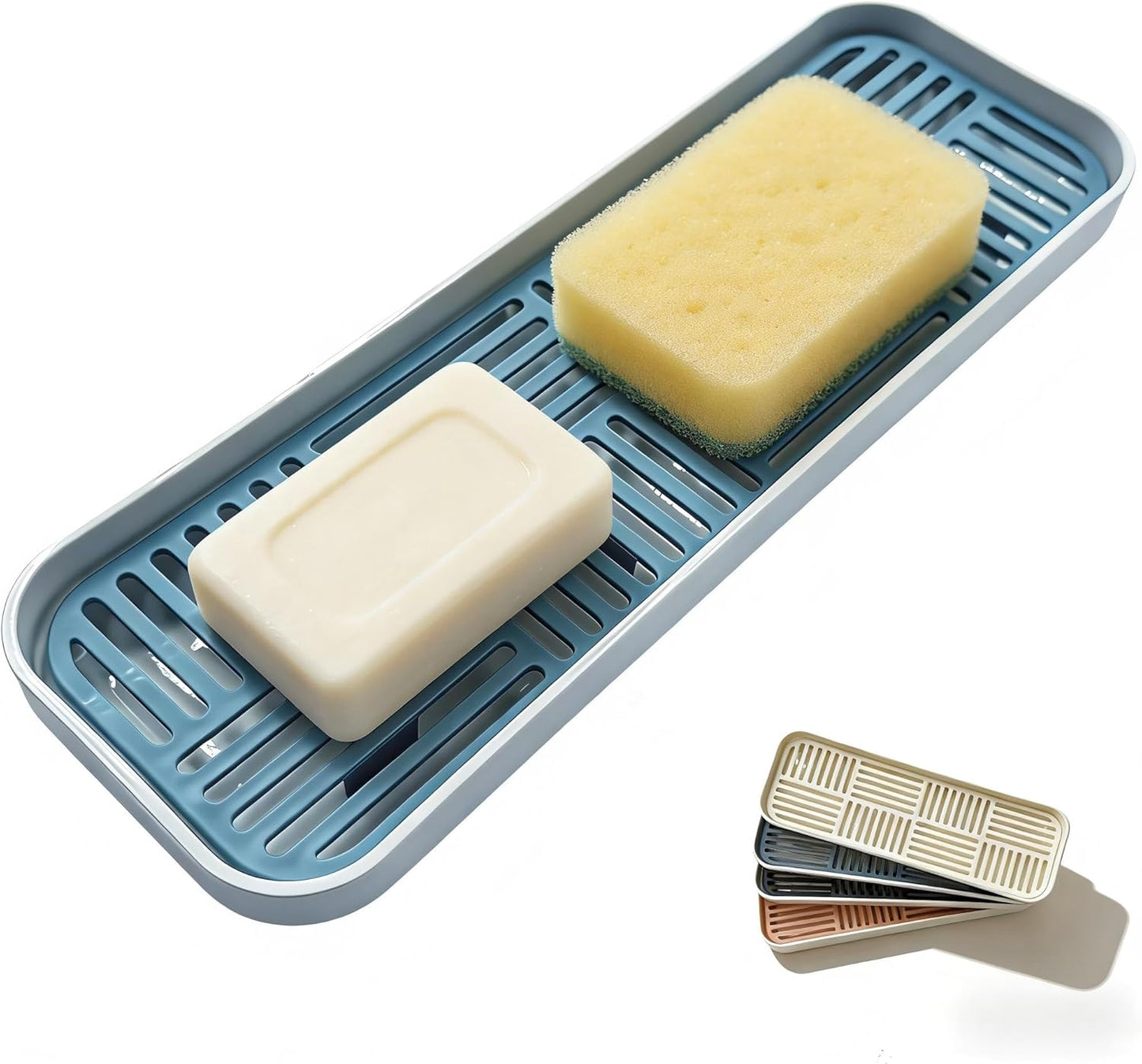 2-in-1 Kitchen Sink Caddy Organizer with Plastic Drain Grate, Double-Layer Drain Sponge Soap Holder & Food Fruit Vegetable Drain Tray for Sink Countertop Home Kitchen Restaurant Hotel, Grey (1 Pack)