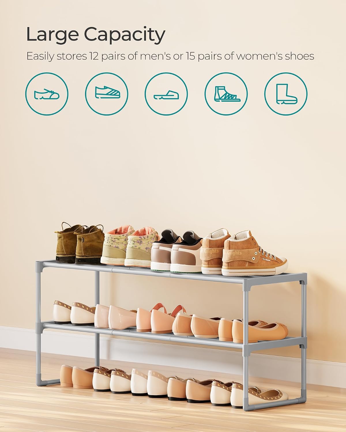 SONGMICS Shoe Rack, 6-Tier Shoe Organizer, Metal Storage Shelf, Upright or Upside Down, for 24-30 Pairs, Stackable, for Entryway, 11.8 x 36.2 x 42.7 Inches, Black ULSA306BH01