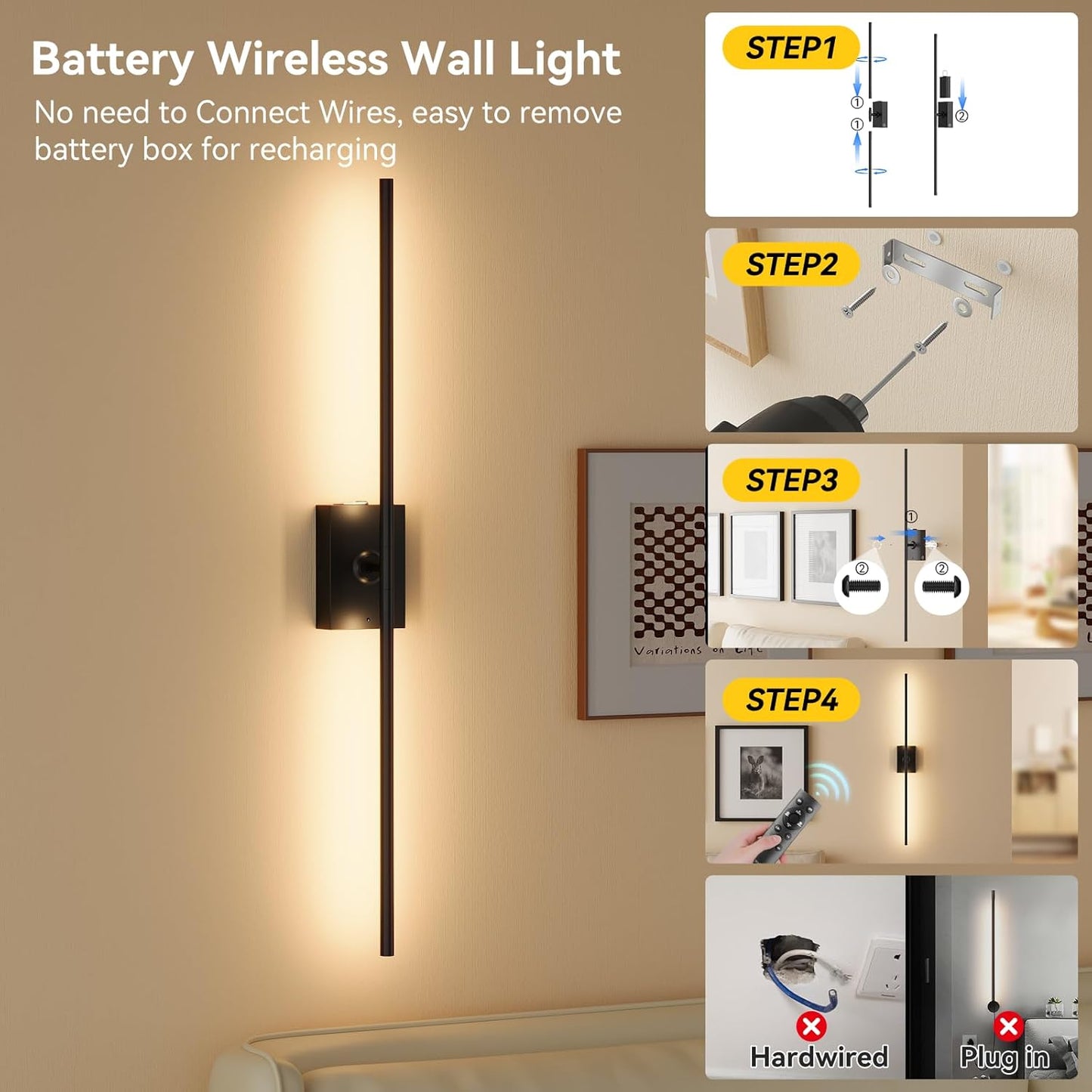 Ouyulong Battery Operated Wall Sconces Set of 2, 10000mAh Wireless Rechargeable 3000-6000K Dimmable 350° Rotate Wall Light with Remote for Living Room, Bedroom 31.6in Black