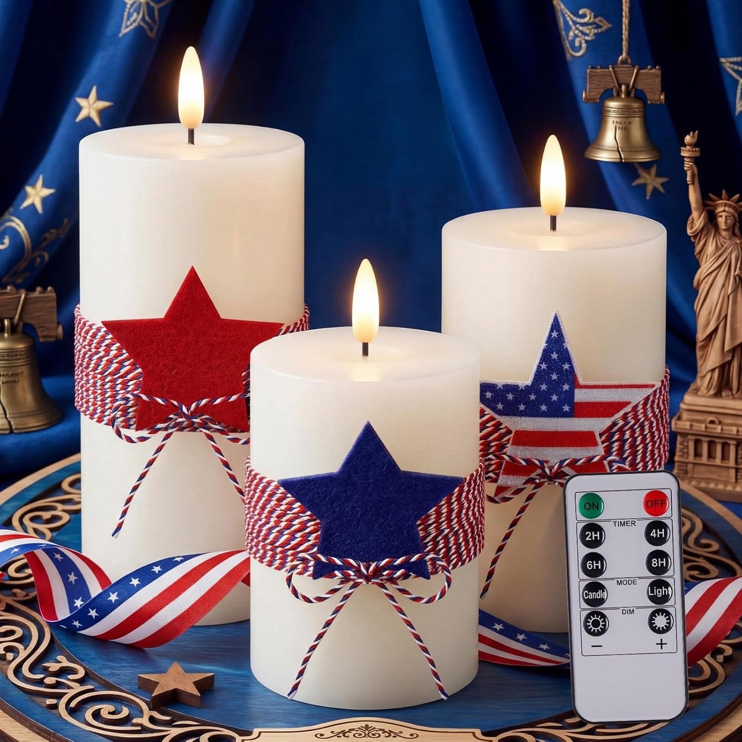 4th of July 4" 5" 6" Flameless Pillar Candles with Remote, Set of 3 Patriotic Red White Blue Battery Operated LED Candle with Star Felt, Independence Day Decorations for Home Party Table Fireplace