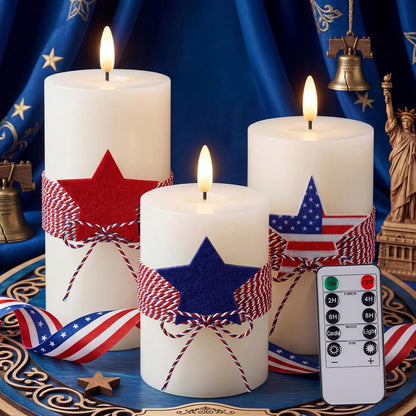 4th of July 4" 5" 6" Flameless Pillar Candles with Remote, Set of 3 Patriotic Red White Blue Battery Operated LED Candle with Star Felt, Independence Day Decorations for Home Party Table Fireplace