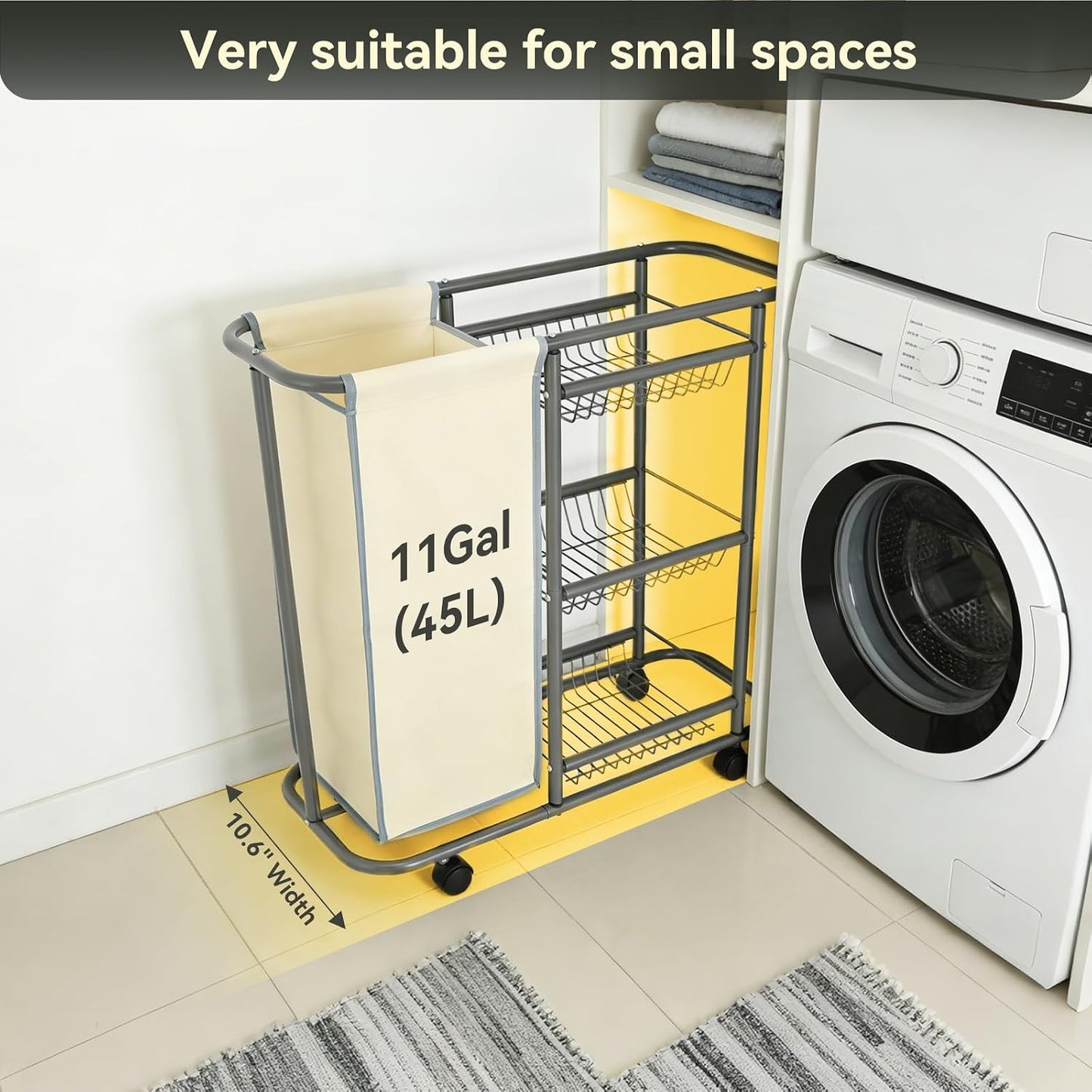 Narrow Laundry Cart with Wheels,3 Baskets and 45L Laundry Bag Metal Rolling Cart for Small Space,Laundry Room Organization and Storage for Bathroom Living Room Apartment Dorm
