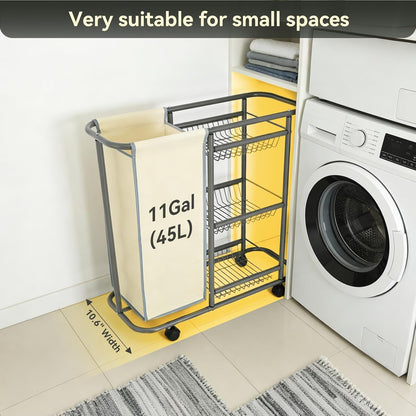 Narrow Laundry Cart with Wheels,3 Baskets and 45L Laundry Bag Metal Rolling Cart for Small Space,Laundry Room Organization and Storage for Bathroom Living Room Apartment Dorm
