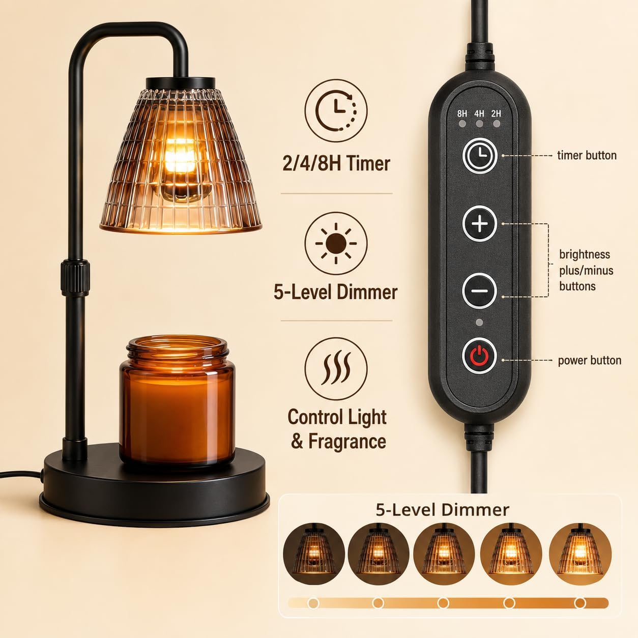 Candle Warmer Lamp with Timer, Dimmer, Vintage Glass Shade | Adjustable height, 2/4/8-hour timer, wood base, 2 bulbs included