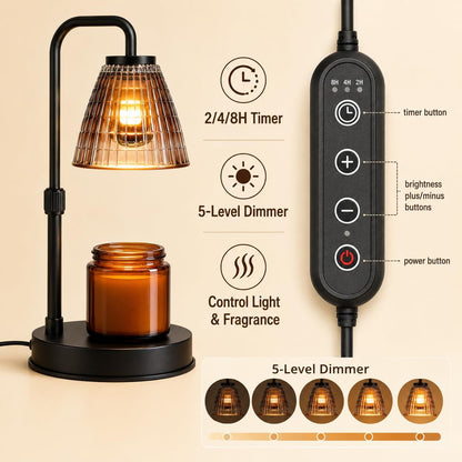 Candle Warmer Lamp with Timer, Dimmer, Vintage Glass Shade | Adjustable height, 2/4/8-hour timer, wood base, 2 bulbs included