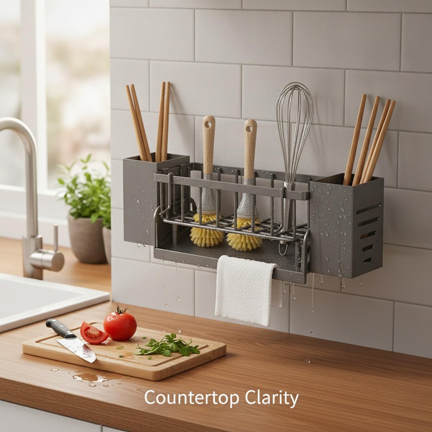 Wall-Mounted Storage Organizer for Kitchen Utensils, Compact Organizer with Chopstick Holder and Hanging Rod, PP Plastic, 13 x 3.3 x 1.6 Inches (1 PC)